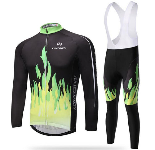 Green Fire Long Sleeve Cycling Jersey Set - enjoy-outdoor-sport