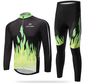 Green Fire Long Sleeve Cycling Jersey Set - enjoy-outdoor-sport