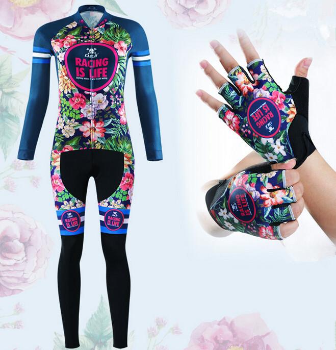 Tropical Flowers Long Sleeve Cycling Jersey Set + Gloves - enjoy-outdoor-sport
