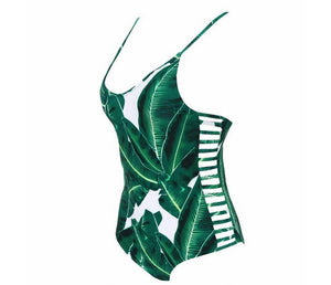 Green Leaf Print Ladder Cutout One-Piece Swimsuit