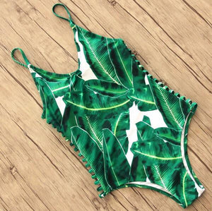 Green Leaf Print Ladder Cutout One-Piece Swimsuit