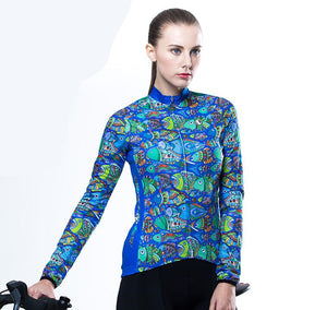 Blue Fishes Print Women Long Sleeve Cycling Jersey