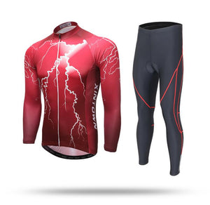 Red Lightning Print Long Sleeve Cycling Jersey Set