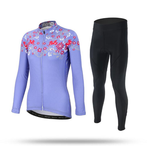 Purple Flowers Print Long Sleeve Cycling Jersey Set