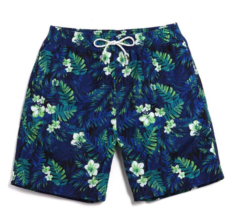 Men's Dark Green Leaves Print Beach Board Shorts