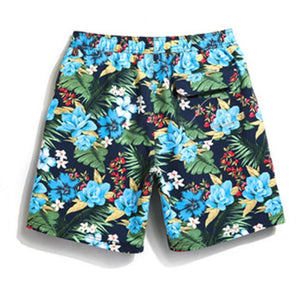 Men's Green Blue Leaves Print Beach Board Shorts