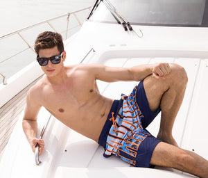 Men's Navy PARADISE Print Beach Board Shorts